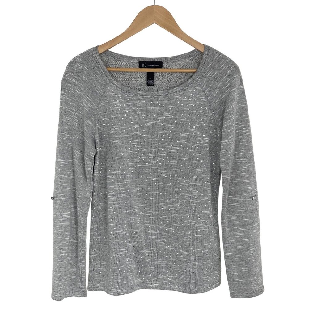 Size Medium INC GRAY EMBELLISHED SPARKLY TERRY SWEATSHIRT Top Shirt Fall Winter